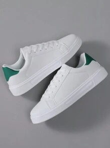 Men's Casual Flat Shoes With Round Toe And Lace-Up Soft Sole, White PU Leather Low Top Sneakers For Spring And Autumn
