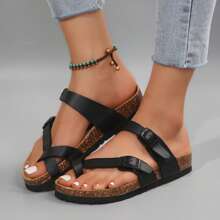 Women's Flat Retro Style Casual Sandals,Toe Ring Cross Strap Cork Sandals,With Adjustable Buckle Summer Sandals - 黑色 - 查看 5