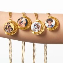 4 件/套或 1 件个性化照片项链 - 生动的定制图像吊坠 - 男女通用的情感礼物，适合特殊场合 - 旋转银月亮吊坠，生日礼物 - 金色月亮 - 查看 3