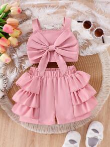 Conjunto de bebé con top corto sin mangas decorado con lazo y shorts rosas - Rosa - Ver 2