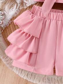 Conjunto de bebé con top corto sin mangas decorado con lazo y shorts rosas - Rosa - Ver 8