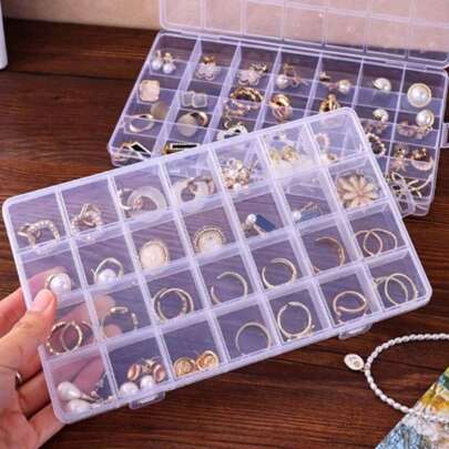 1pc Multi-Purpose Clear Plastic Storage Box With Fixed 10/28 Compartments, Adjustable Compartments , Removable Compartments For Earrings, Rings, Jewellery Organizing, Nail Art Supplies Sorting Back To School