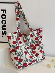 夏季花卉包大容量帆布包沙灘包購物袋肩袋時尚可折疊購物袋夏季必備完美選擇度假和假期學生書包大容量可攜式適合青少女女大學生，白領工人適合工作、返校、初中、高中 - 彩色 - 查看 5