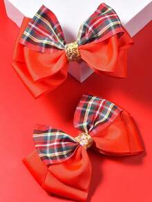 2 kẹp tóc nơ kẻ caro hai lớp cho bé gái, phụ kiện tóc dự tiệc Giáng sinh/Đêm giao thừa/Đếm ngược - Đỏ - Xem 2