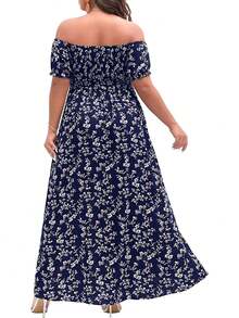 Vestido de Talla Grande para Mujer, Hombros Descubiertos Manga Farol, Bohemio Elegante de Fiesta, Cómodo y Mode - Azul Marino - Ver 3