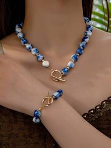 日韩时尚复古波西米亚风陶瓷蓝色不对称石串珠项链颈链，串珠手链适合日常婚礼晚宴海滩派对夏季度假 - 藍色 - 查看 7