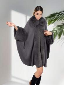 1 Peça Poncho, Xale, Cardigã de Malha Acrílica Folgado e Oversized, Elegante Gola de Pele Sintética com Plus Size para Mulheres
