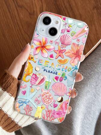 1pc Pink Summer Printed Full Cover Transparent TPU Anti-Fingerprint Phone Case Compatible With IPhone 11/12/12 Pro/12 Pro Max/13/13 Pro/13 Pro Max/14/14 Pro/14 Pro Max/15/15 Plus/15 Pro/15 Pro Max