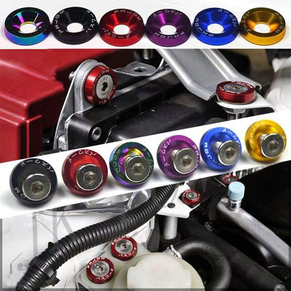 10Pcs Engine Bay Dress Up Bolts,M6 Aluminum Fasteners Screws Kit,Aluminum Bumper Fenders Washer With Bolts,Engine Bay Dress Up Fastener Kit,Bumper Washer Bolt,Headlights,Trunk Engine Bay Dress Up,Fenders Bumper Washer Bolt For Most Vehicle Replacement Screw Trim