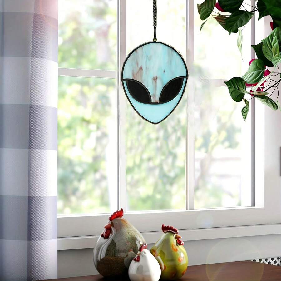 1入組藍色外星人懸掛裝飾品，外太空主題家居裝飾，生日派對裝飾，適用於窗戶的觀景器，適用於家庭花園庭院牆壁懸掛（包括安裝工具） - 藍色 - 查看 1