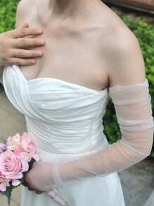 1 Cặp tay áo lưới mỏng dài dành cho cô dâu, thích hợp cho tiệc trang trọng, đám cưới, phụ kiện váy cưới để che cánh tay, trang phục mùa thu dành cho phụ nữ - Màu be - Xem 8