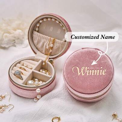 Personalized Mini Round Jewelry Box, Customizable Name, Italian Velvet Travel Jewelry Box, Perfect Holiday Gift, Can Store Earrings, Necklaces, Bracelets, Rings, Elegant Mother's Day Gift For Mom