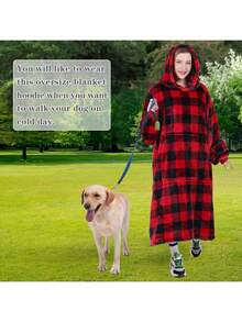 Waitu Wearable Blanket Hoodie Sweatshirt Gifts For Adult And Child, Warm And Cozy Giant Hoodie Blanket For Women And Men, Flannel Blanket With Sleeves - Red And Black Plaid - Kẻ sọc đỏ và đen - Xem 3