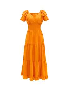 Abito estivo plissettato con volant e scollo a V profondo - Arancione - Visualizzare 4