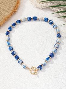 日韩时尚复古波西米亚风陶瓷蓝色不对称石串珠项链颈链，串珠手链适合日常婚礼晚宴海滩派对夏季度假 - 藍色 - 查看 10