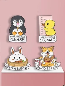 4 件/批卡通动物金属胸针 - 猫、青蛙、兔子图案、服装装饰别针 - 彩色 - 查看 2