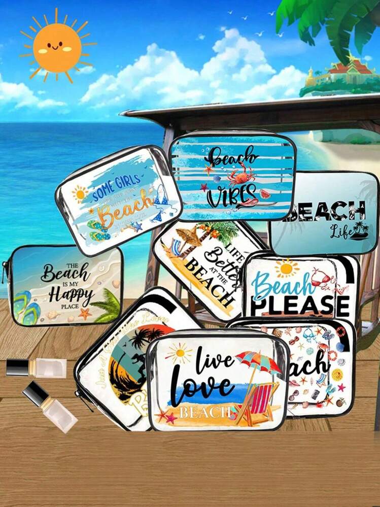 1PC Cartoon Beach Transparent Waterproof Square Makeup Bag, Wash Bag, Plastic Makeup Storage Box, Lightweight And Portable Travel Accessories, PVC Makeup Bag, Outdoor Multifunctional Washing Bag, Cute Print Storage Bag, Multi-Functional Portable Wash Bag - Multicolor - View 2