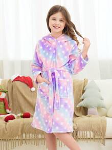 Bata de baño con capucha de manga larga con estampado de puntos en forma de estrella morada y orejas de gato linda para niñas preadolescentes