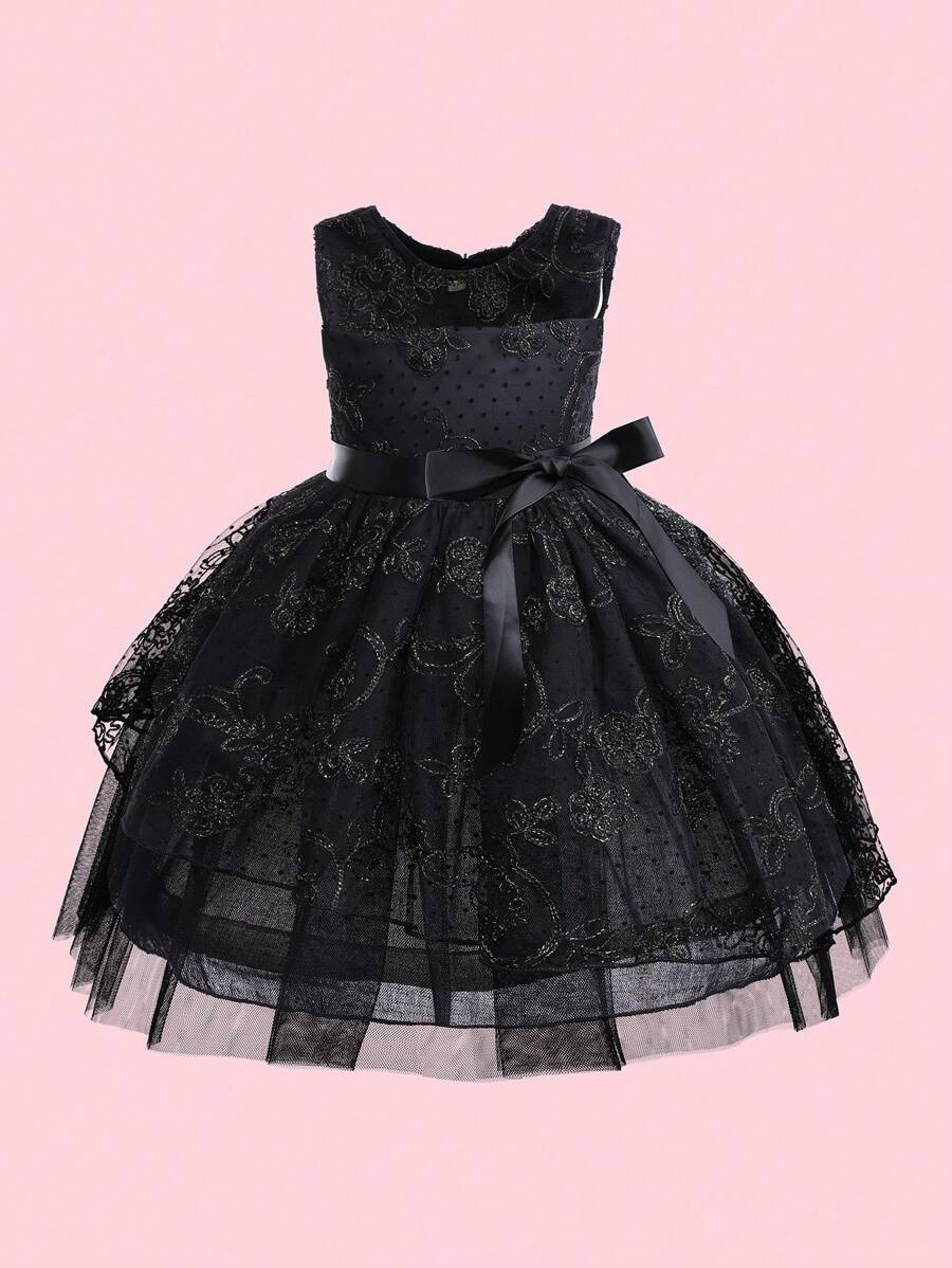 EHOMKIDS Young Girl Black Lace Dress, Toddler Princess Sleeveless Dress, Children's Hollow Out Tulle Dress For Big And Middle Girls