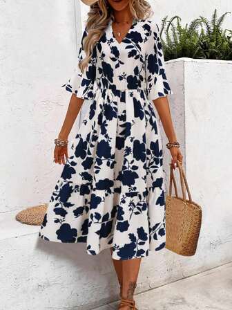Spring/Summer Floral Printed V-Neckline Short Sleeve A-Line Midi Dress With Cinched Waist