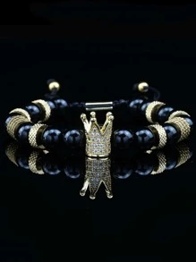 1 件男士魅力复古虎眼石和微镶嵌方晶锆石皇冠装饰可调节编织手链，休闲商务风格，是送给父亲或情侣在节日表达欣赏和爱意的理想礼物 - 虎眼石手串 - 查看 10