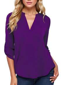 Women's V-Neck Long Sleeve Adjustable 3/4 Sleeve Casual Women's Pullover - 紫色 - 查看 1
