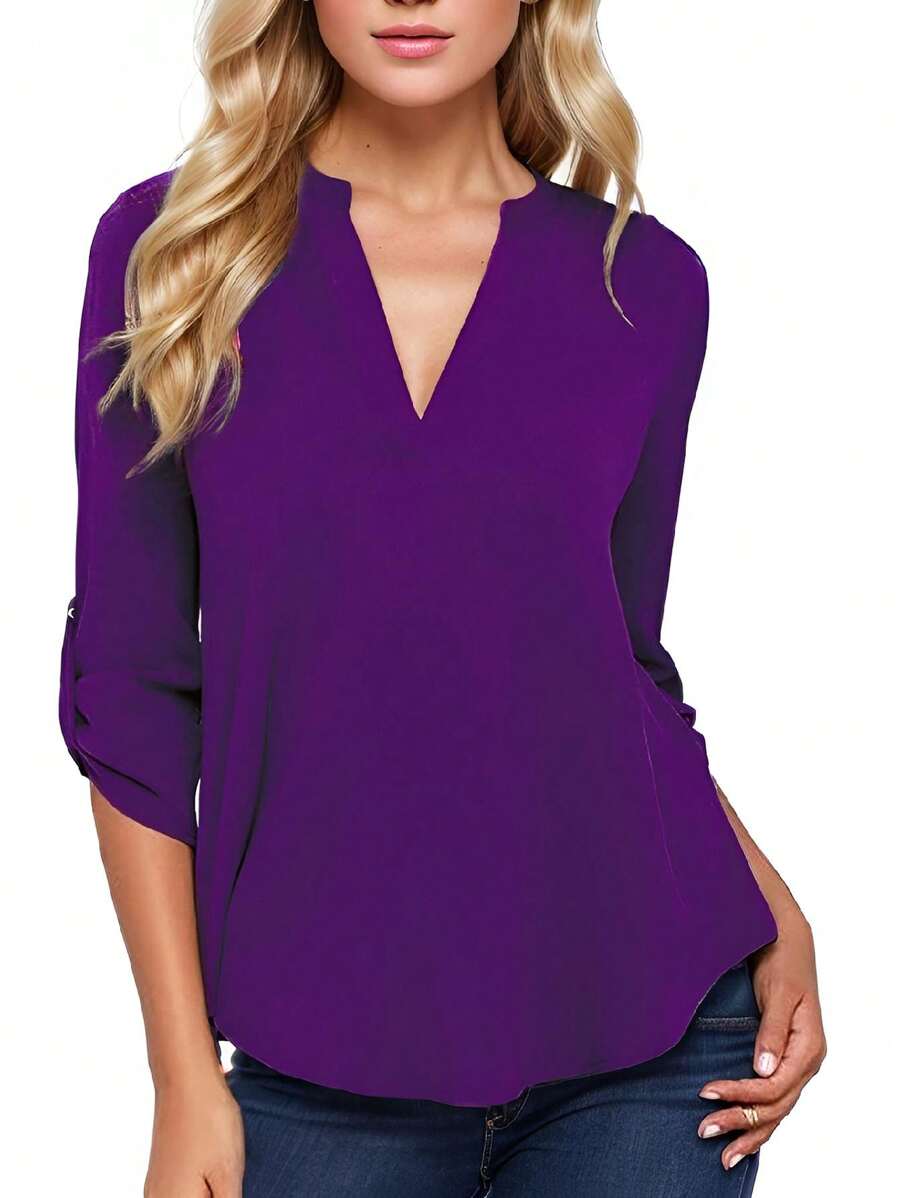 Women's V-Neck Long Sleeve Adjustable 3/4 Sleeve Casual Women's Pullover - 紫色 - 查看 1