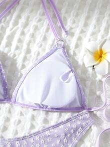 New Arrival Cute Toweling Halter Neck Backless Strap Bikini Set For Summer Beach - Mauve Purple - View 4