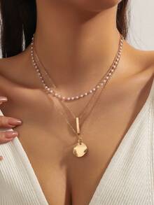 1pc Geometric Shape Long Metal Circular Pendant Faux Pearl Chain Necklace For Women, European And American Simple Fashion Collar Necklace - Yellow Gold - View 1