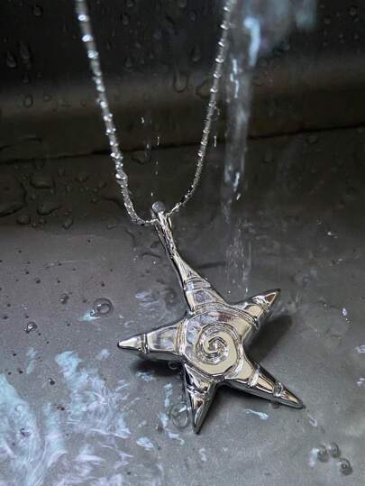 1pc Fashionable Retro Technology Feeling Starfish Pentagram Pendant Silver-Colored Necklace Sweater Chain