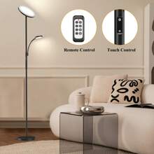 二合一落地灯，可调光立灯，带遥控器和触摸控制，34瓦亮度可调，黑色现代转角灯，适用于客厅、卧室、办公室 - 黑色 - 查看 8