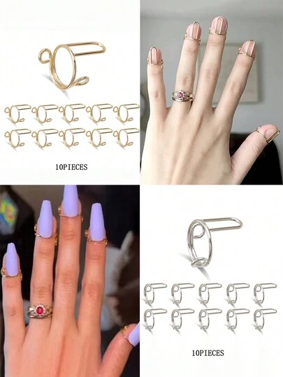 10/20pcs Fashion Nail Art Finger Rings Nail Press-On Nails , Removable Nail Rings Metal Nail Jewelry Set Nail Supplies