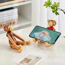 1pc, Creative Wooden Monkey Phone Holder, Decorative Art Hanging Ornament For Living Room & Bedroom, Versatile Table & Shelf Decor, Multi-Purpose Practical Gift - Multicolor - View 2