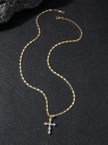 1pc Gold Color European And American Style Simple Neutral Cross Pendant Necklace For Men With Rhinestone Cubic Zirconia European And American Hip-Hop Style High-End Men's Cross Necklace Tag