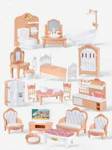 3-6 Inch Doll Furniture Set, Children's Pretend Play Indoor Furniture Toys, Mini Kitchen/Living Room/Bedroom(2 Random Styles)/Bathroom 4 Series Options, Suitable As Preschool Gift, Doll House Furniture Set Gift - Multicolor - View 1