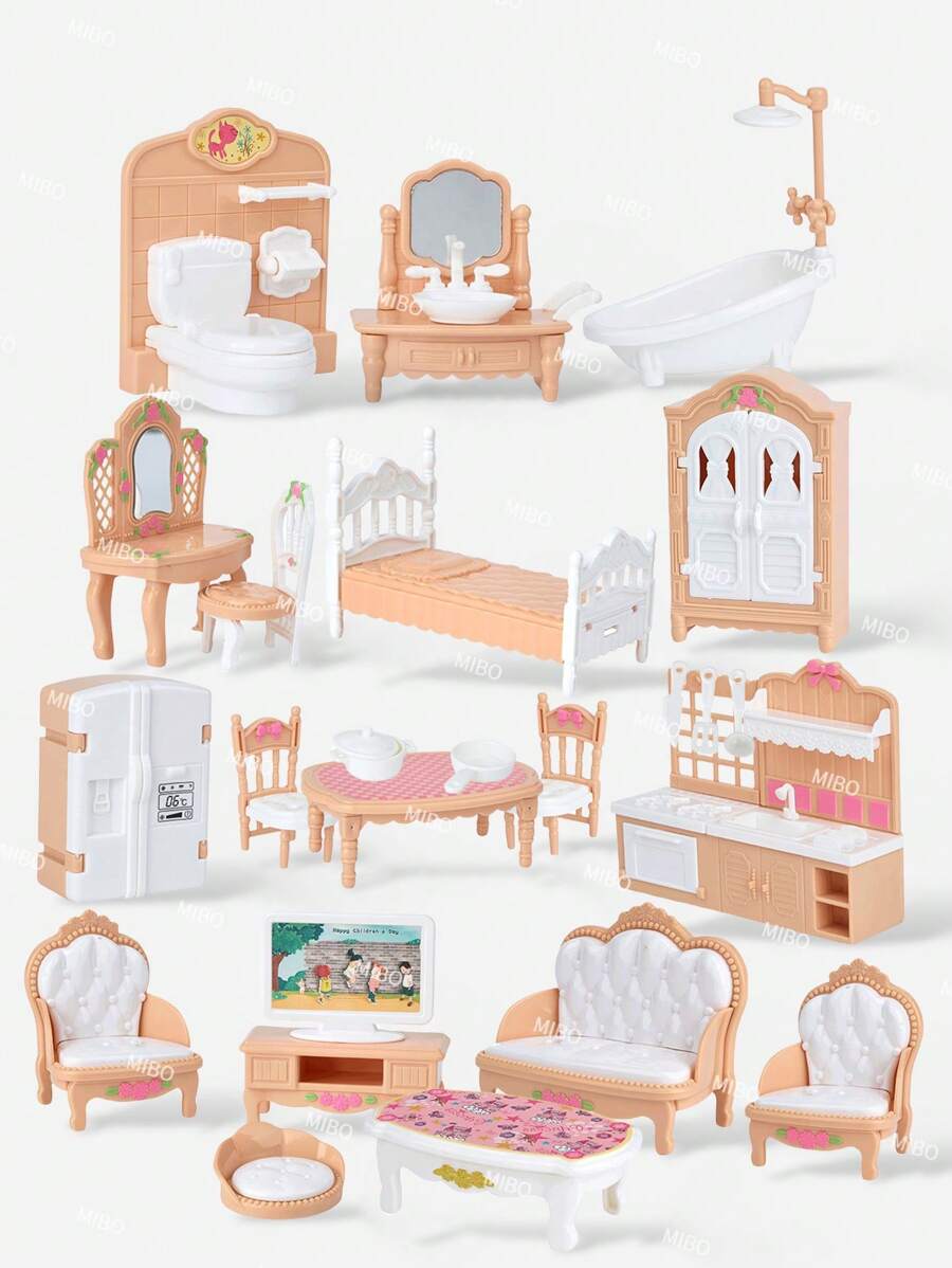 3-6 Inch Doll Furniture Set, Children's Pretend Play Indoor Furniture Toys, Mini Kitchen/Living Room/Bedroom(2 Random Styles)/Bathroom 4 Series Options, Suitable As Preschool Gift, Doll House Furniture Set Gift - Multicolor - View 1