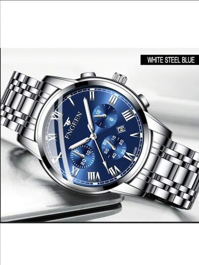 FNGEEN 1pc Men Horloge Stainless Steel Luxe Hidden Clasp Waterproof Date Display Luminescent Sport Wristwatch view 2