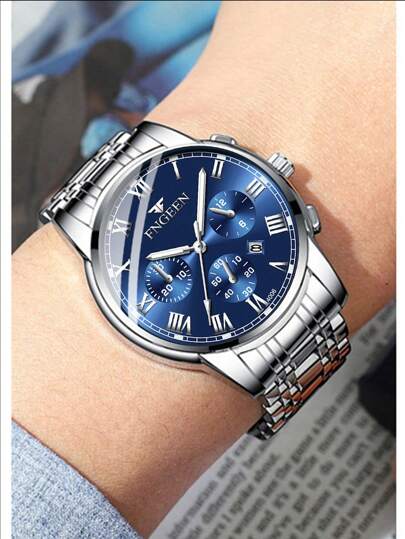 FNGEEN 1pc Men Horloge Stainless Steel Luxe Hidden Clasp Waterproof Date Display Luminescent Sport Wristwatch view 4