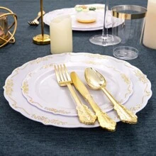 Bộ đồ ăn tối bằng vàng 800 chiếc, 100 chiếc đĩa ăn tối viền vàng 10,25", 100 chiếc đĩa tráng miệng vàng 7,5", 400 bộ đồ ăn bằng nhựa vàng, 100 chiếc cốc vàng, 100 chiếc khăn ăn vàng, 100 bộ đồ ăn cho khách - Vàng - Xem 10