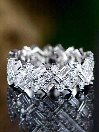 1入組華麗925純銀立方氧化鋯戒指，女士婚禮珠寶首飾