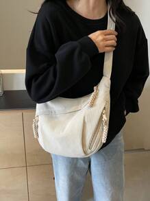 1pc Plain Corduroy Crescent Bag, Minimalist Lightweight Foldable  With Multiple Pockets & Zipper Closure, Casual Crossbody Messenger - Beige - View 7