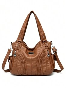 高端優質柔軟皮質手袋設計師復古單肩斜挎包，大容量女士肩背郵差包 - 棕色 - 查看 5