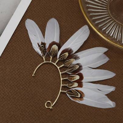 Pojedynczy złoty opaska na uszy z piór - biżuteria w stylu vintage w stylu boho - ręcznie wykonana, posrebrzana miedź, regulowana i olśniewająca, idealna na sezon festiwalowy i dla trendsetterów