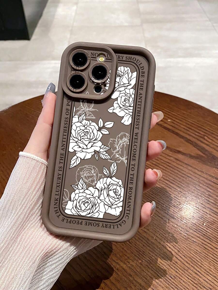 1pc White Flower Camera Protection Phone Case Compatible With IPhone/Galaxy/Infinix/Xiaomi Redmi/OPPO/VIVO - Brown - View 1