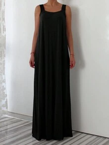 Robe décontractée ample de grande taille avec blocs de couleur et design de bretelle (y compris les poches) - Noir - Voir 5