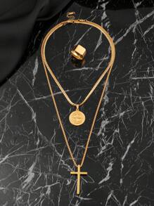 Ensemble de bijoux personnalisé à la mode composé de 3 pièces de décoration croix compas en acier inoxydable plaqué or 18k pour hommes, cadeaux de saison sportive et de rentrée scolaire