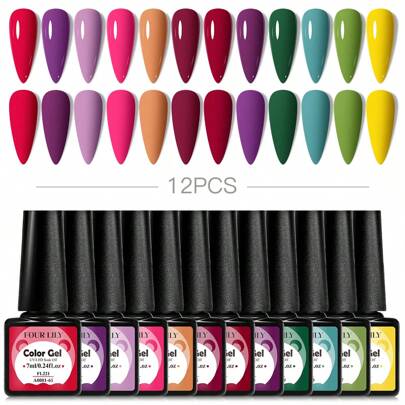 12Pcs/Set Gel Nail Polish Kit, 12 Colors All Seasons Collection Green Yellow Purple Red Colorful Gel Polish Set Manicure Art At Home Salon For Women