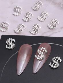 10 peças Charme de Unha de Símbolo do Dólar em Liga 3D Prateado com Pedrinhas de Strass Brilhantes para Decoração de Unhas de Arte em Dinheiro, Joias de Partes DIY de Dinheiro para Mulheres e Meninas - Prata - Visão 6
