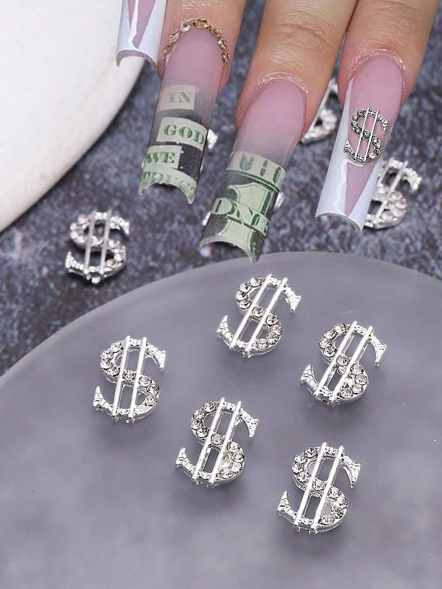 10 peças Charme de Unha de Símbolo do Dólar em Liga 3D Prateado com Pedrinhas de Strass Brilhantes para Decoração de Unhas de Arte em Dinheiro, Joias de Partes DIY de Dinheiro para Mulheres e Meninas - Prata - Visão 1