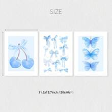Set Of 3, Fashionable Blue Cherry & Bowtie Design Wall Art Prints For Girls, Canvas Posters With College Style For Dorm Room, Watercolor Butterfly Prints For Aesthetic Room Decoration, Ideal Gift For Bedroom, Living Room, Home, And Dorm, Unframed Gifts Birthday Graduation Coastal Decor Coastal Decor Beach Decor